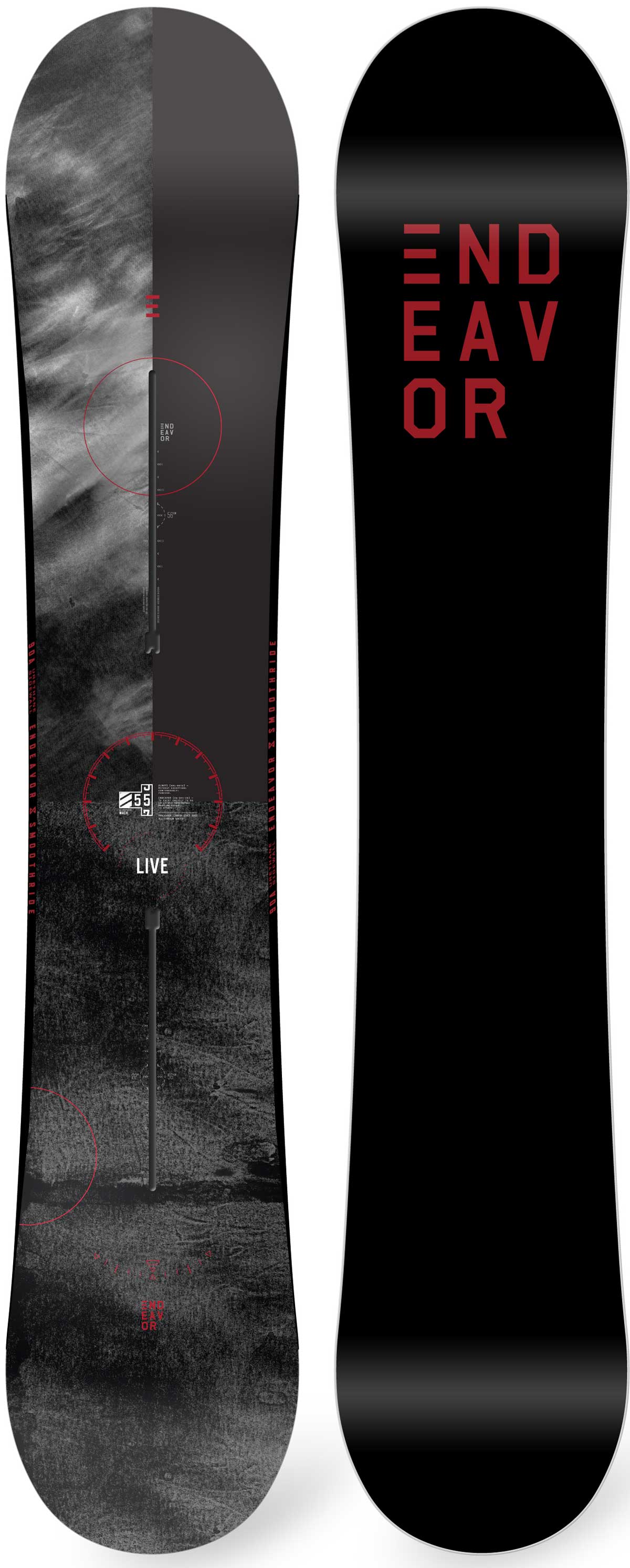 Endeavor Live Snowboard 2020 - A black snowboard with a red logo and white lettering on top of a gray background.