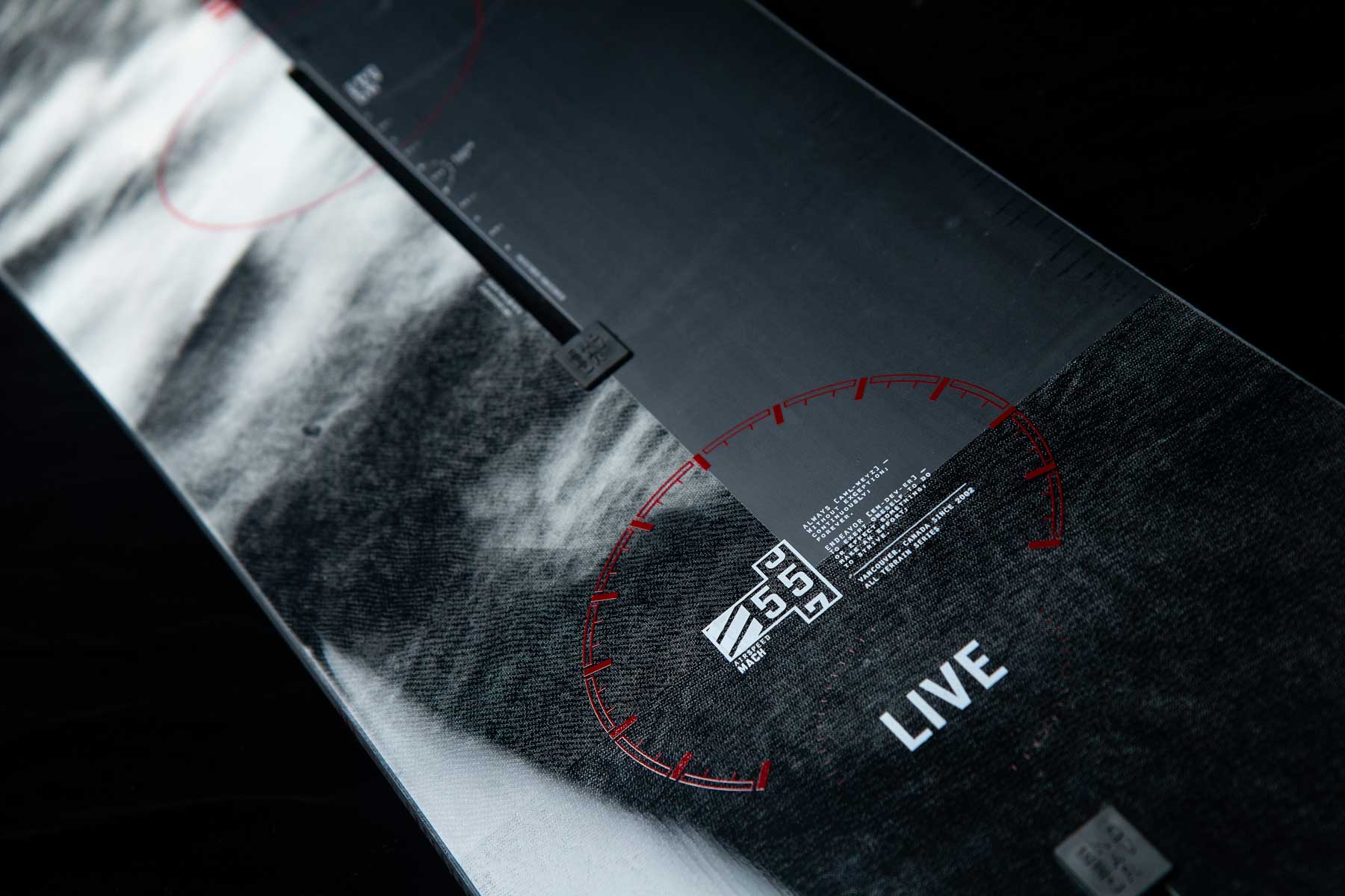 Endeavor Live Snowboard 2020 - Black snowboard with white logo on top left corner and red accents along edges.