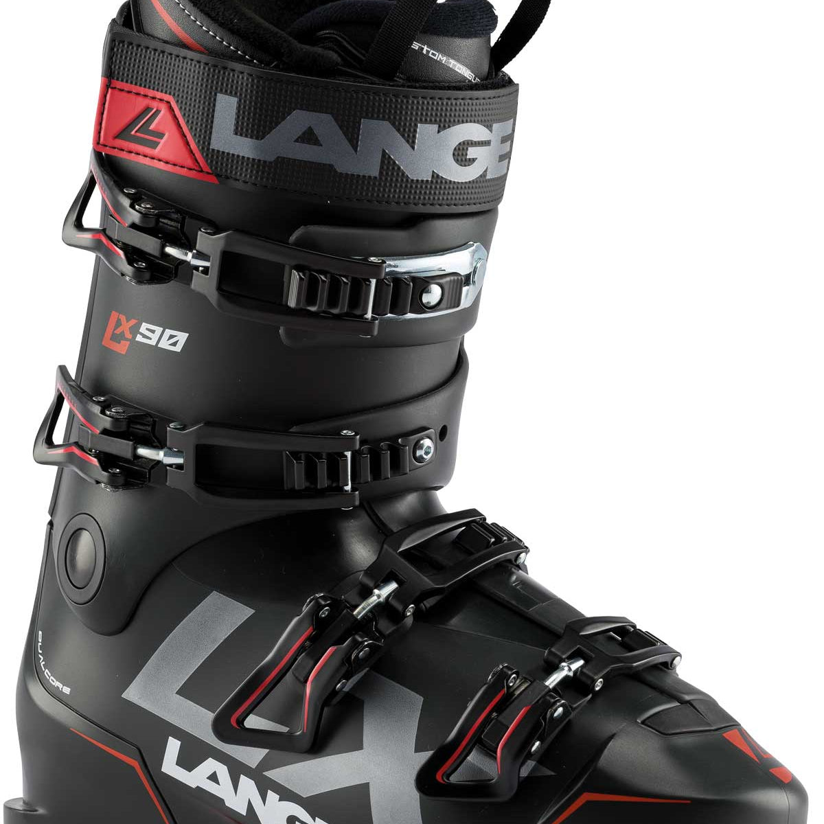 Lange Men's LX 90 Ski Boot 2019-2020 - Black ski boot with silver buckles and red accents.