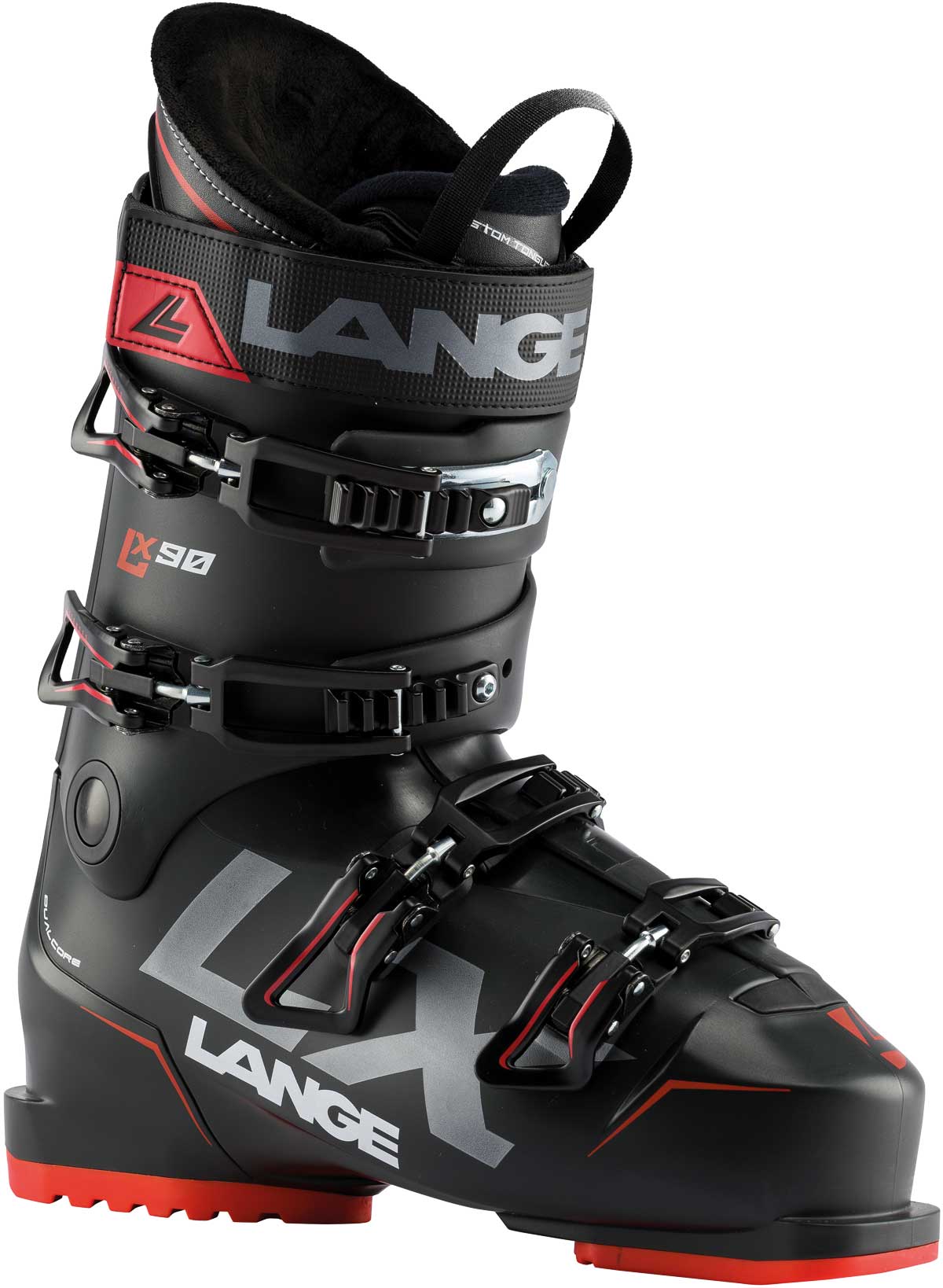 Lange Men's LX 90 Ski Boot 2019-2020 - Black ski boot with silver buckles and red accents.