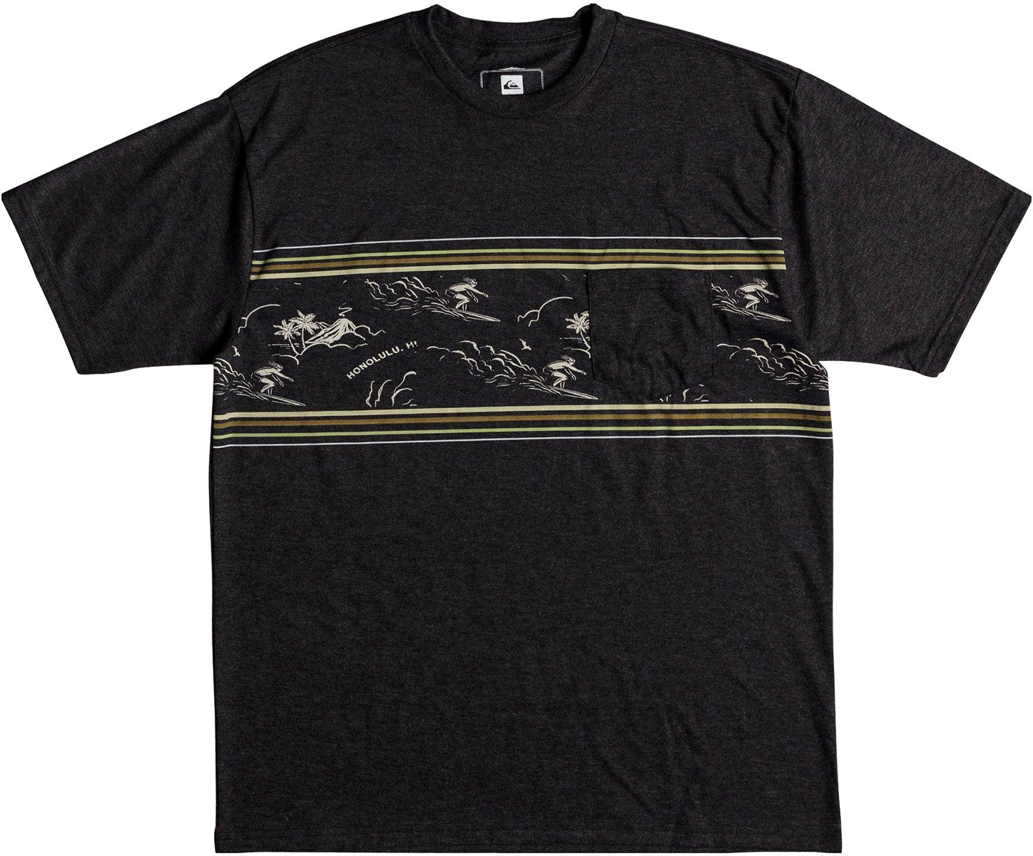 Quiksilver Men's Waterman Maitai Band Pocket Short Sleeve T-Shirt 2018 - A black t-shirt with a white graphic of palm trees and waves on the chest.