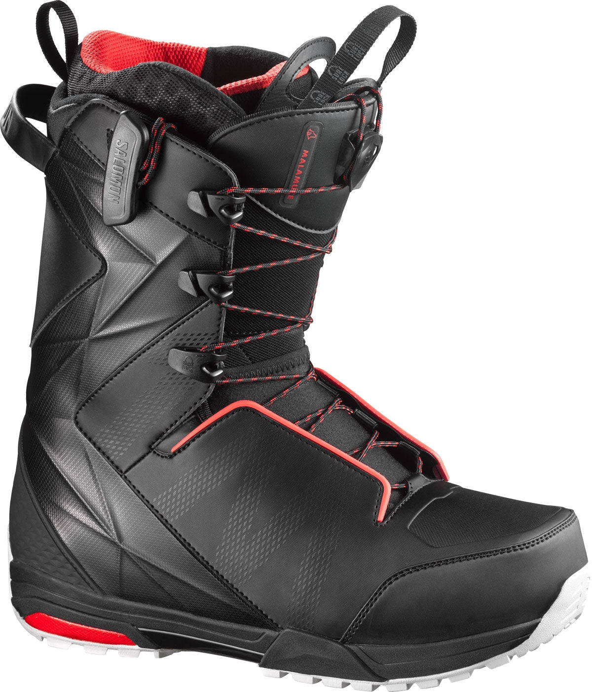 Salomon Men's Malamute Snowboard Boot 2017-2018 - Black snowboard boots with red accents and laces.