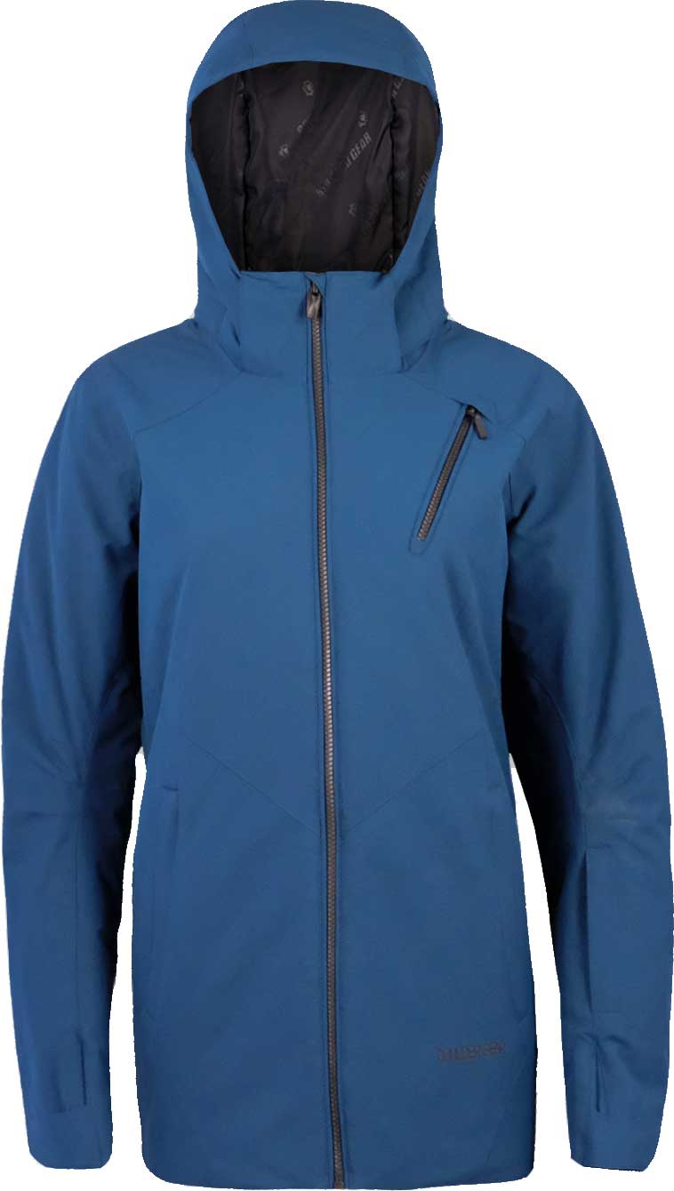 Outdoor Gear / Boulder Gear Ladies' Marilynn Insulated Jacket 2019-2020 - A blue jacket with a hood, featuring a zipper and two zippered pockets on the front.