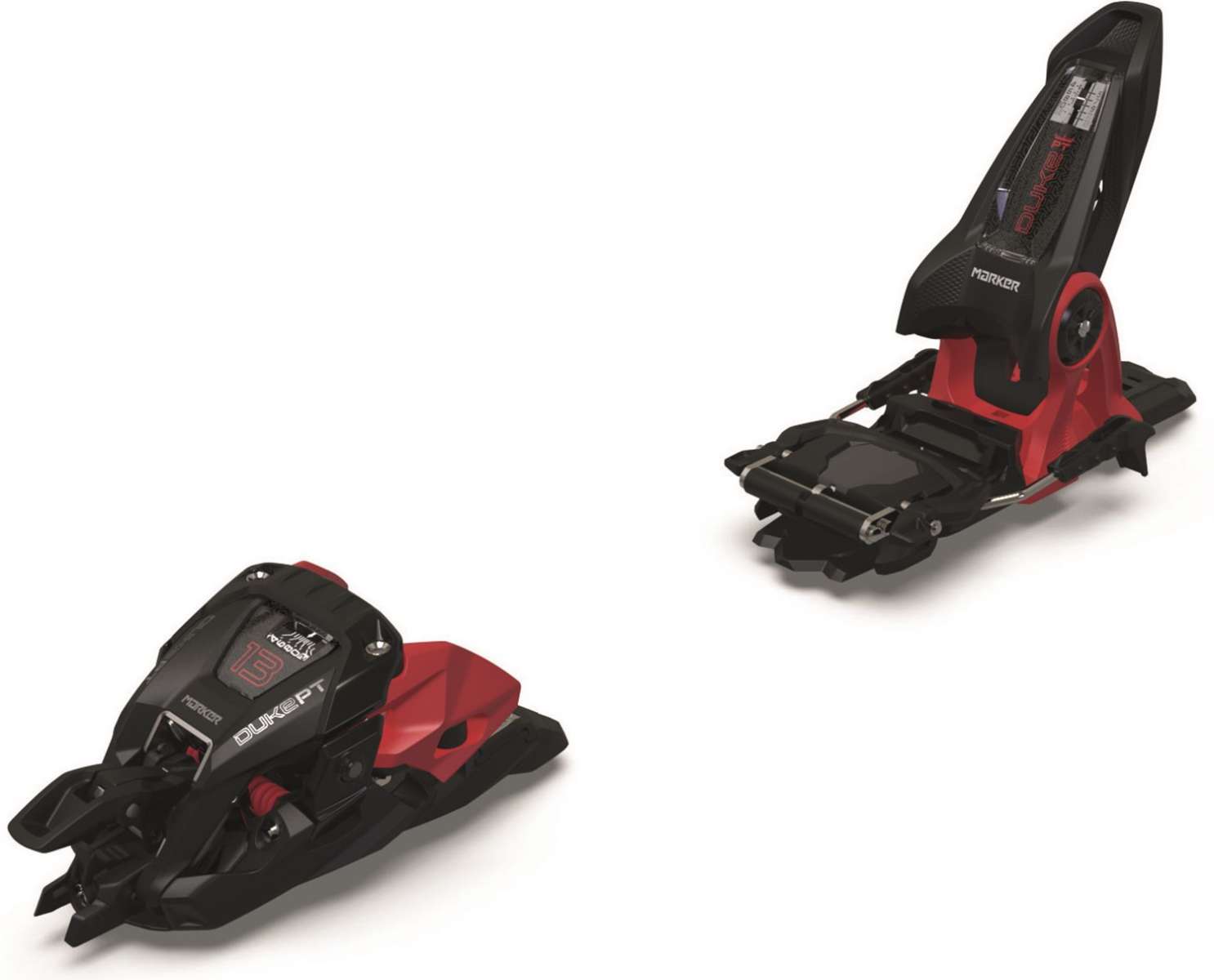Marker Duke PT 13 - Black bindings with red accents, featuring a black plastic boot and metal hardware.