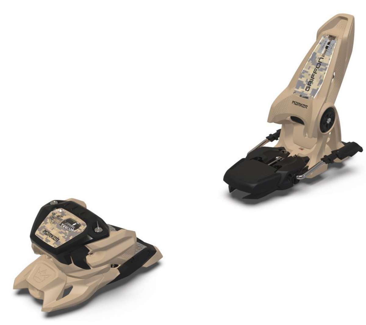 Marker Griffon - 13 ID Ski Bindings 2023 are tan with a camouflage pattern on the top plate and black hardware.