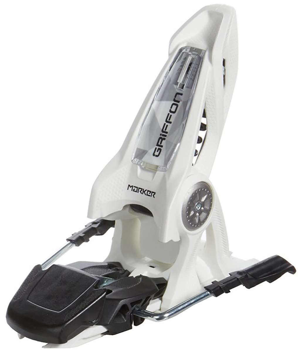 Marker Griffon 13 ID Ski Bindings 2024 - A white ski binding with a clear plastic window and black hardware.