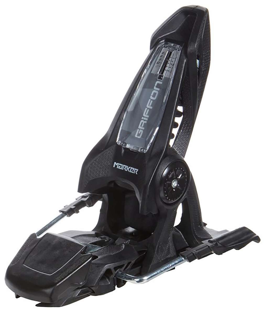 Marker Griffon 13 ID Ski Bindings 2024 - Black ski bindings with silver hardware and a clear plastic window on the front.
