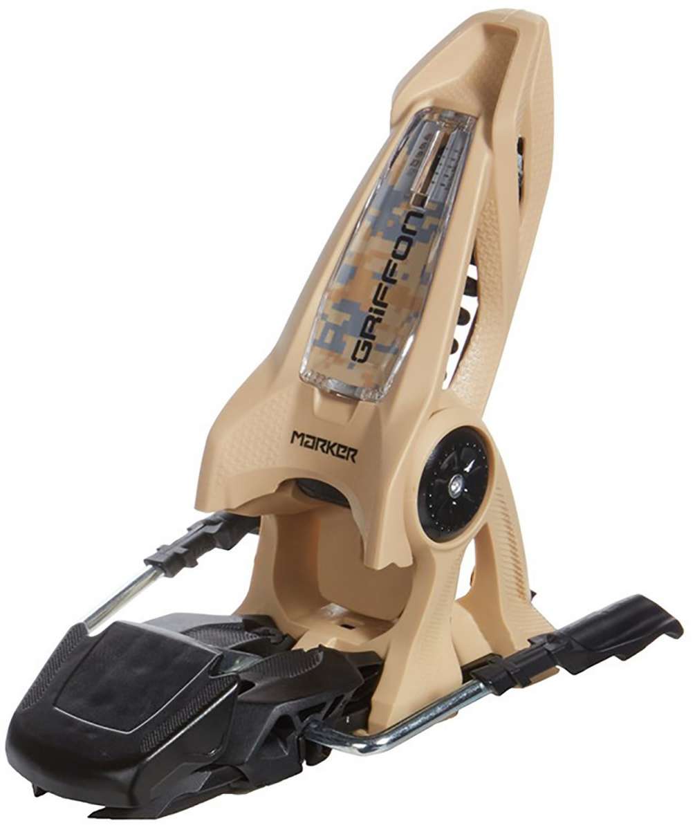 Marker Griffon 13 ID Ski Bindings 2024 - Tan bindings with a camouflage pattern on the window and black plastic components.