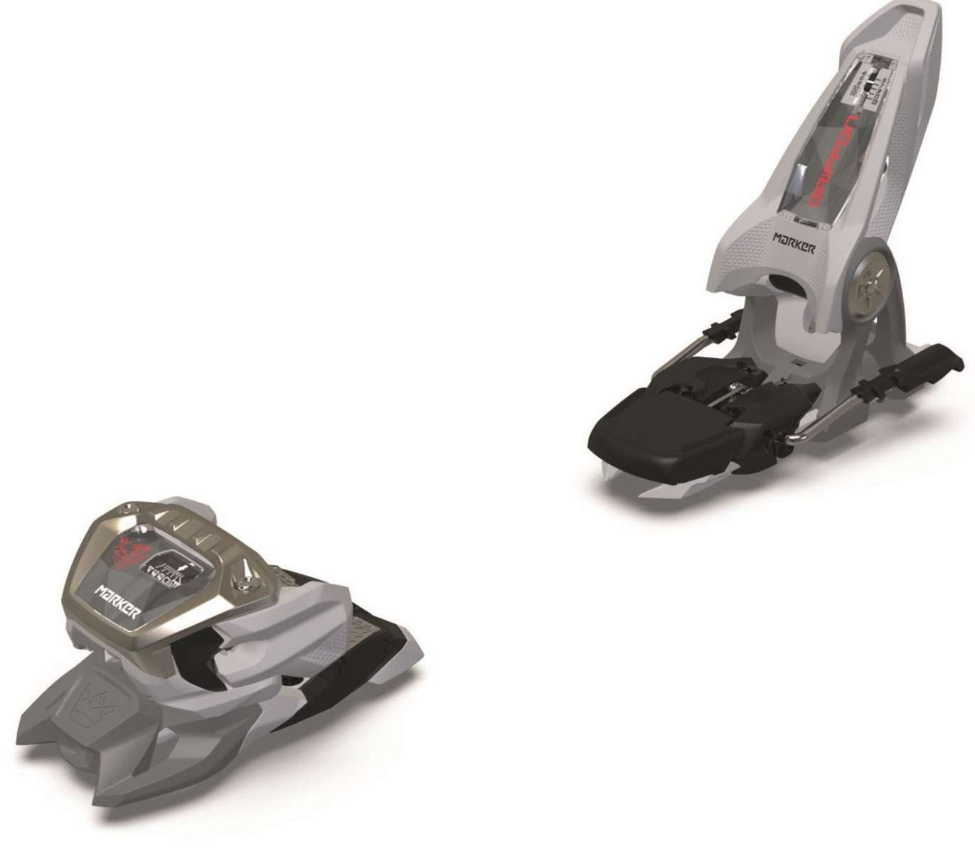 Marker Griffon 13 ID Ski Bindings 2024 - Black bindings with silver hardware and red text on top plate.