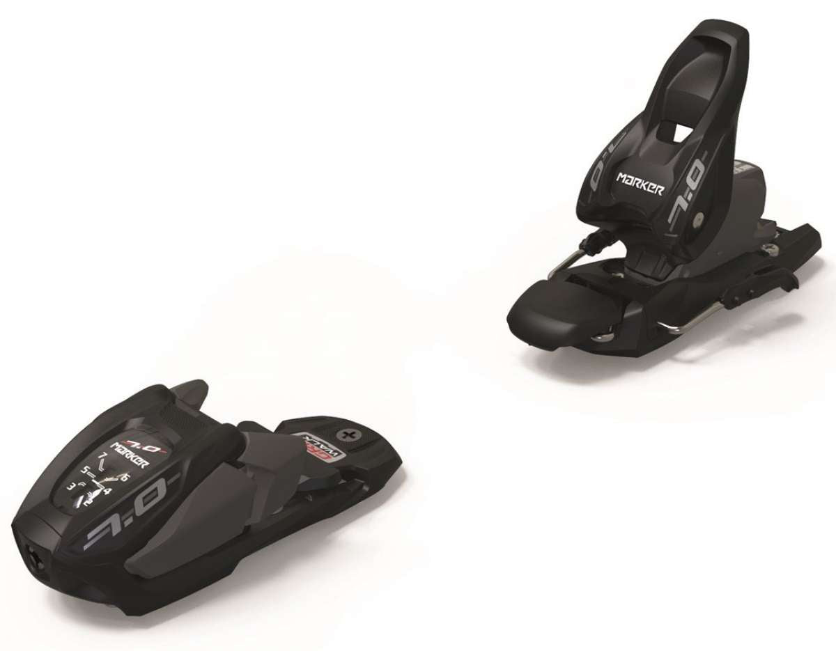 Marker Junior's FDT 7.0 Ski Bindings 2024 - Black bindings with white lettering and silver screws.