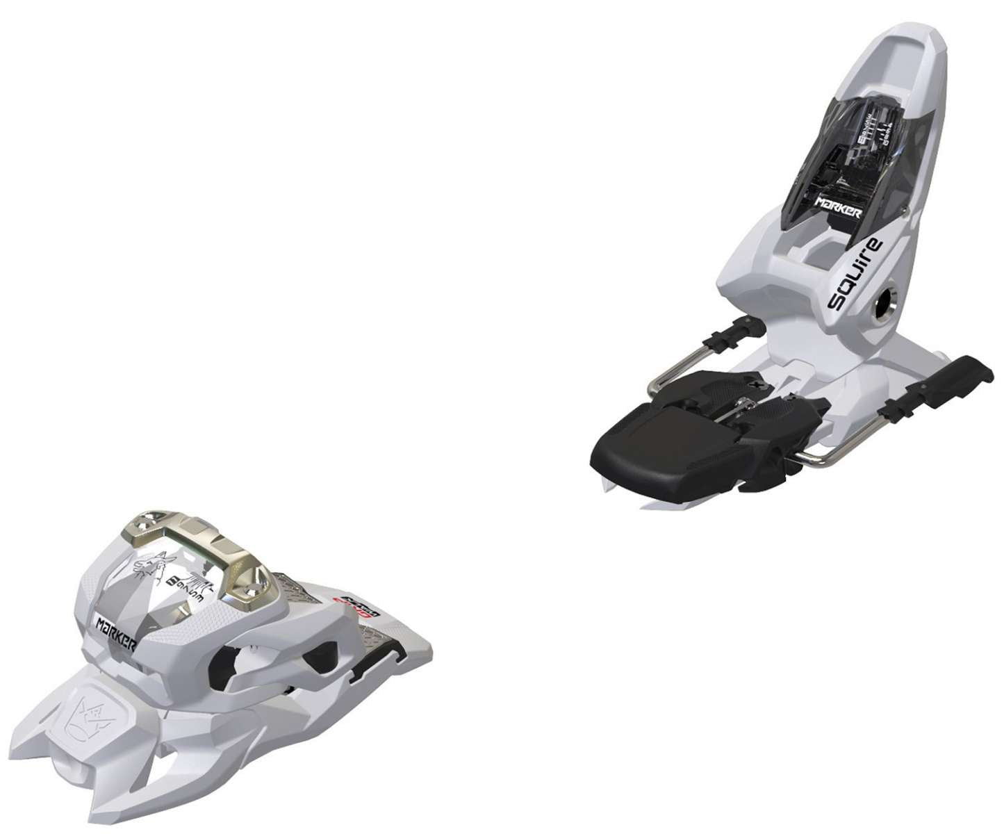 Marker Squire 11 Ski Bindings 2023 - Black bindings with silver screws and a white logo on top.