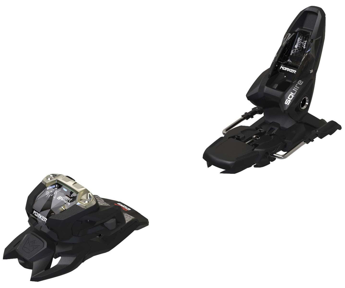 Marker Squire 11 Ski Bindings 2024 - Black bindings with silver screws and a black plastic base plate.