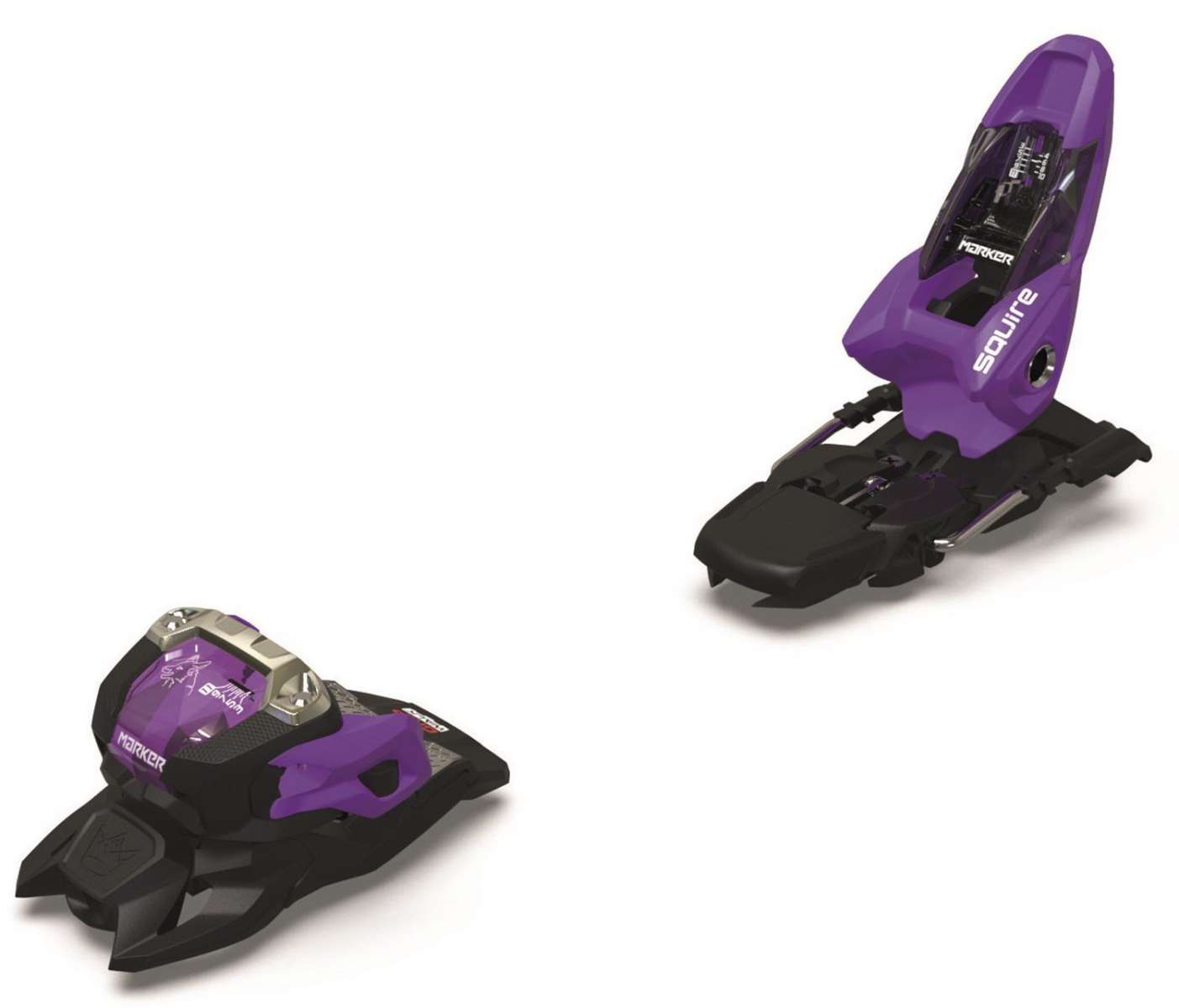 Marker Squire 11 Ski Bindings 2024 - Black bindings with silver screws and a purple logo on top.