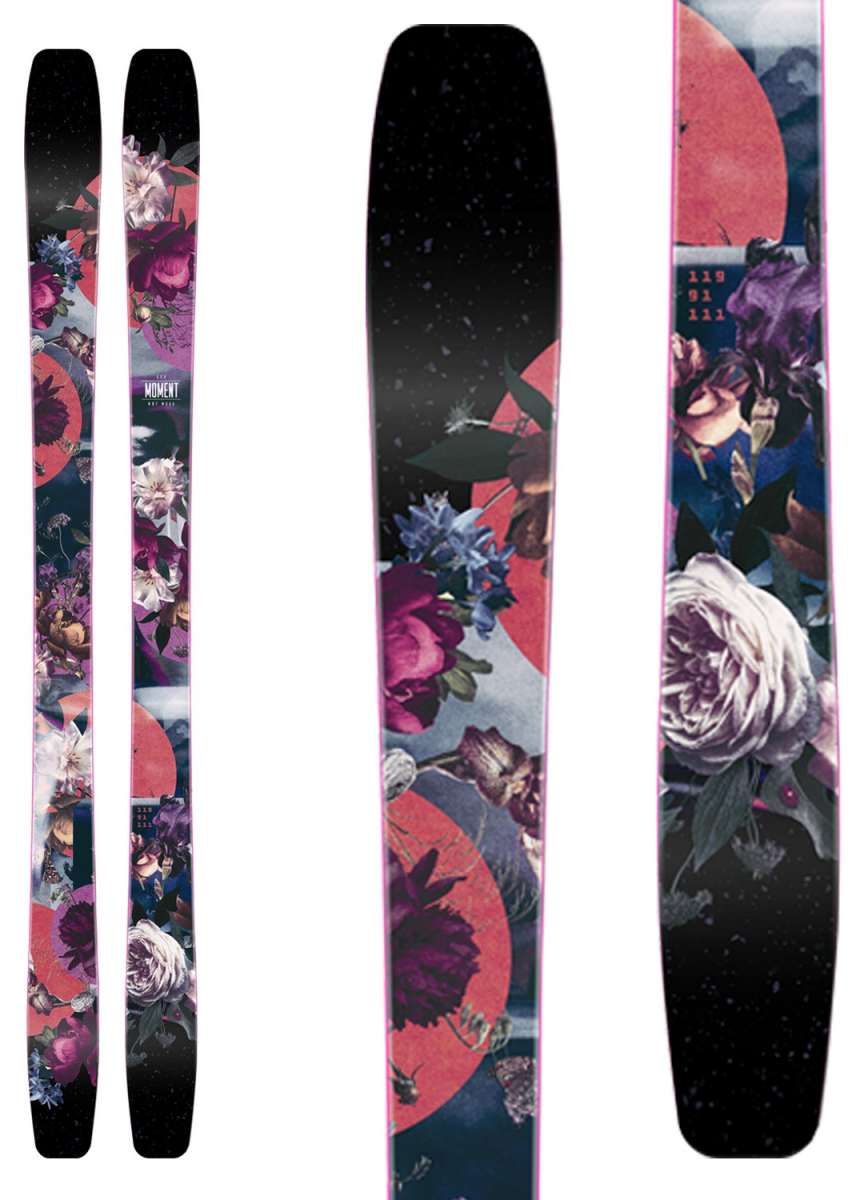 Moment Women's Hot Mess 89 Flat Ski 2022-2023 - A black ski with a pink and purple floral design on top of a red circle.