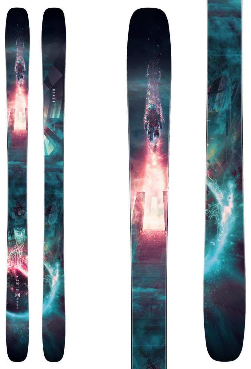 Moment Wildcat 101 Skis 2024 - A black ski with a white logo and text on top, featuring a pink and blue abstract design.