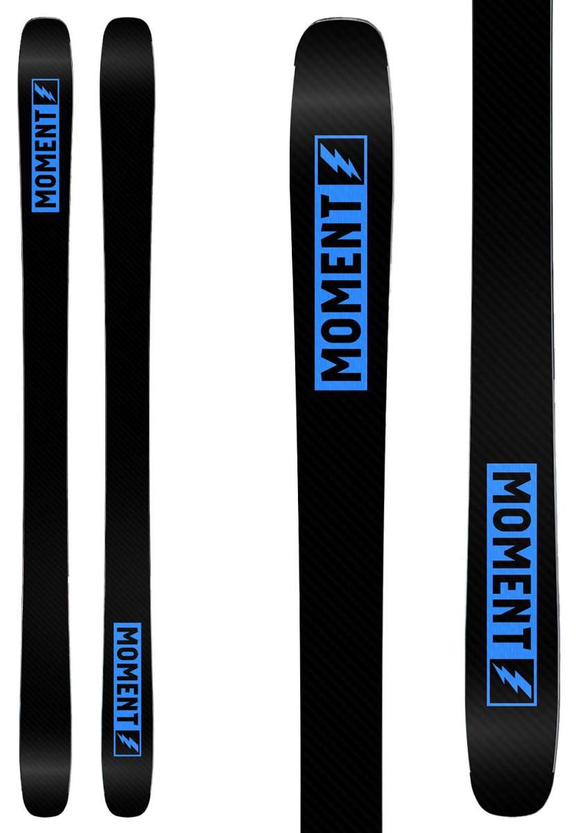 Moment Wildcat 101 Skis 2024 - Black skis with a blue logo and white lettering on top of the ski.