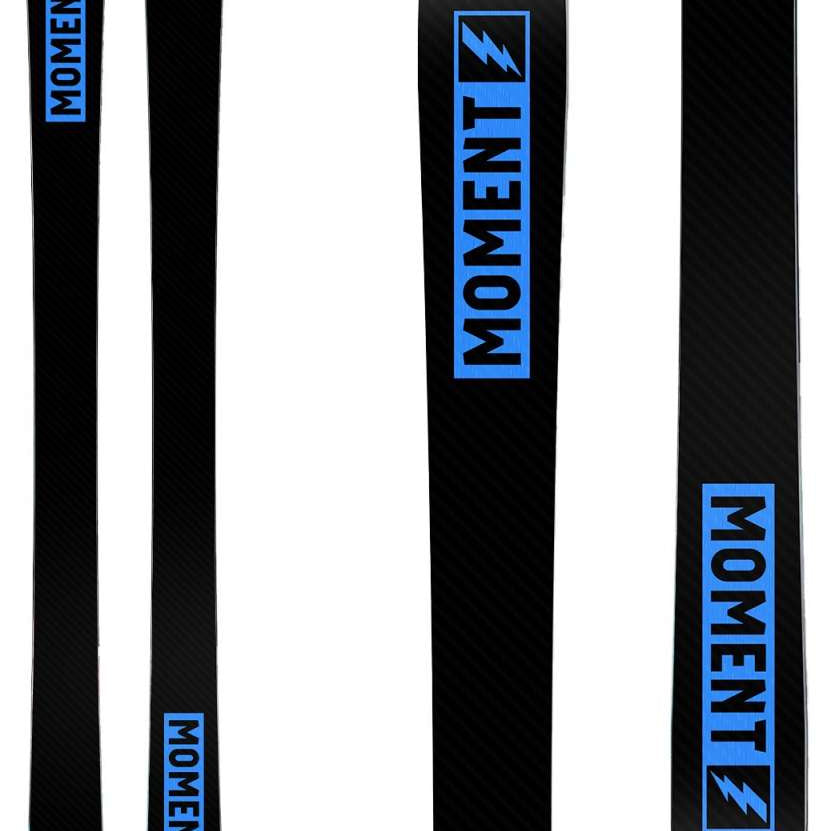 Moment Wildcat 101 Skis 2024 - Black skis with a blue logo and white lettering on top of the ski.