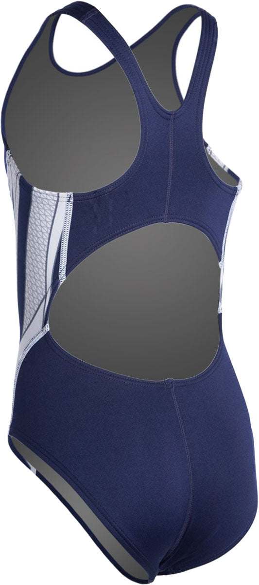 TYR Ladies' Phoenix Splice Max Fit One-Piece Swimsuit - A navy one-piece swimsuit with a white geometric pattern on the sides and straps.