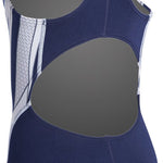 TYR Ladies' Phoenix Splice Max Fit One-Piece Swimsuit - A navy one-piece swimsuit with a white geometric pattern on the sides and straps.