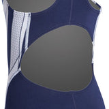 TYR Ladies' Phoenix Splice Max Fit One-Piece Swimsuit - A navy one-piece swimsuit with a white geometric pattern on the sides and straps.