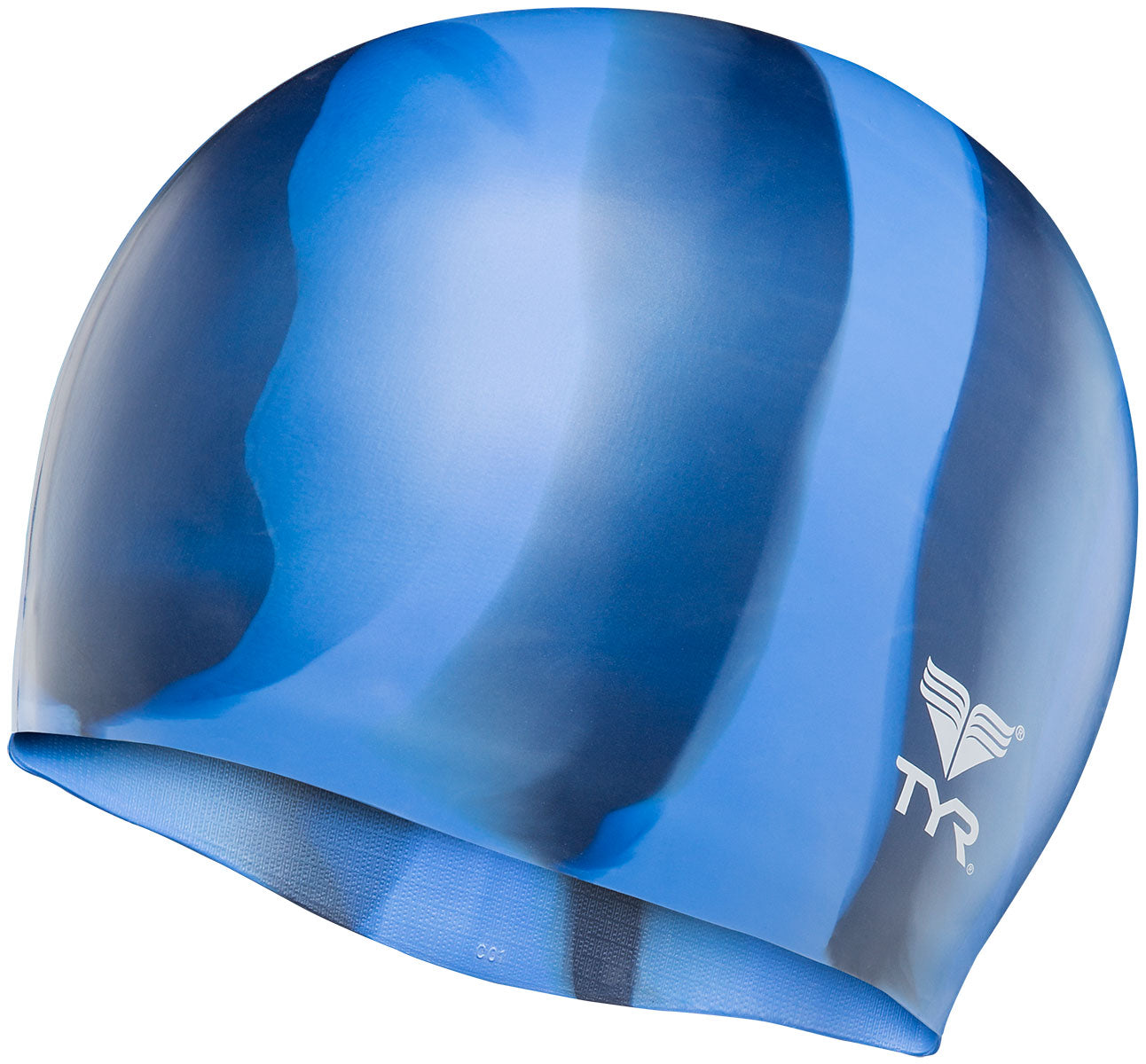 TYR Multi Color Silicone Swim Cap - A blue, multi-colored silicone swim cap with a smooth texture and no visible patterns.