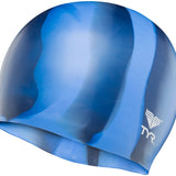 TYR Multi Color Silicone Swim Cap - A blue, multi-colored silicone swim cap with a smooth texture and no visible patterns.