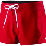 Nike Swim Ladies' Quick Dry Short - A pair of red swim shorts with a white drawstring and a small white Nike logo on the bottom right leg.