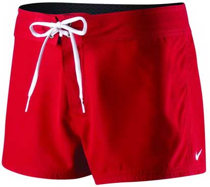 Nike Swim Ladies' Quick Dry Short - A pair of red swim shorts with a white drawstring and a small white Nike logo on the bottom right leg.