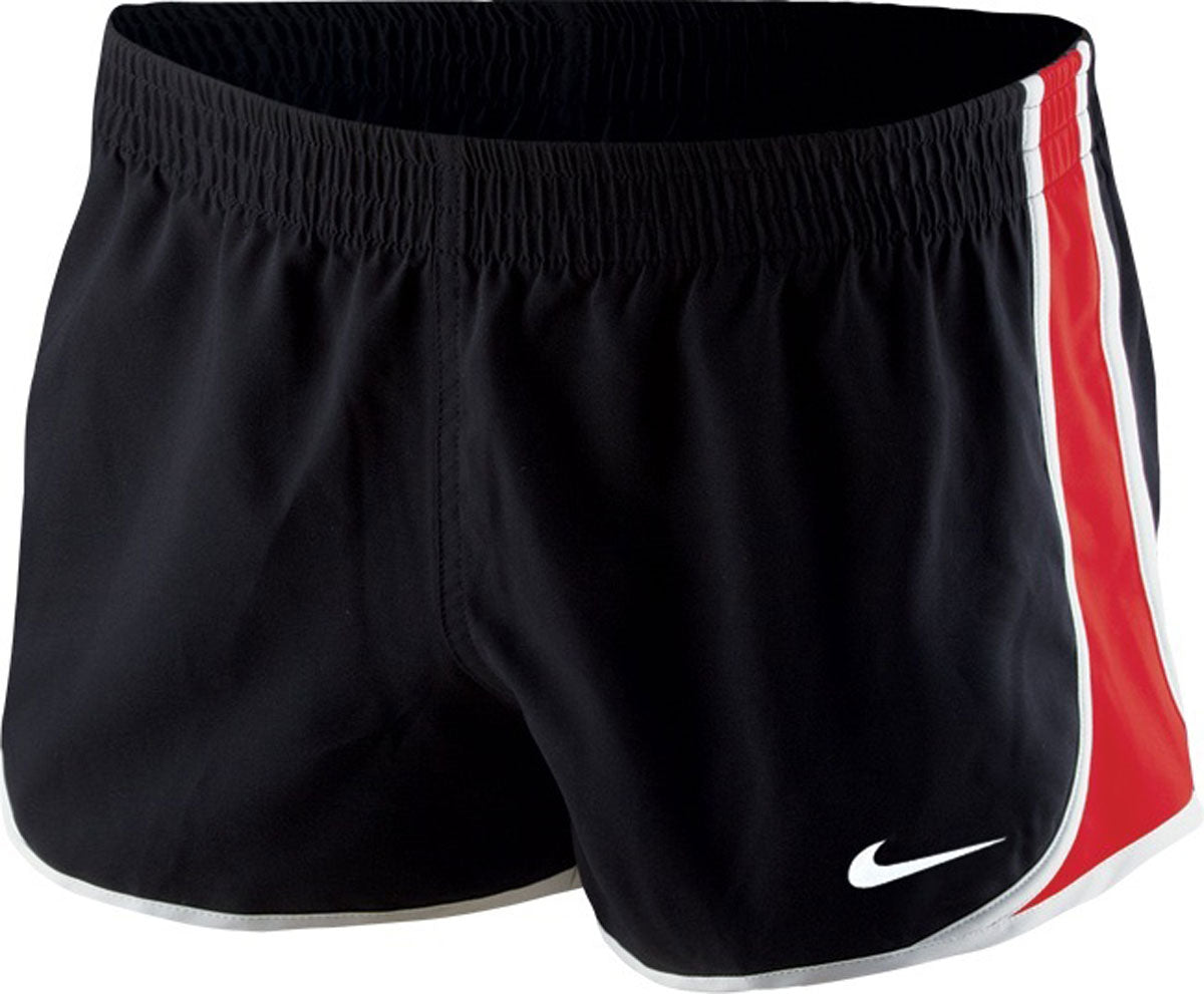 Nike Swim Ladies' Team Color Block Shorts - A pair of black swim shorts with a white and red color block design on the side.
