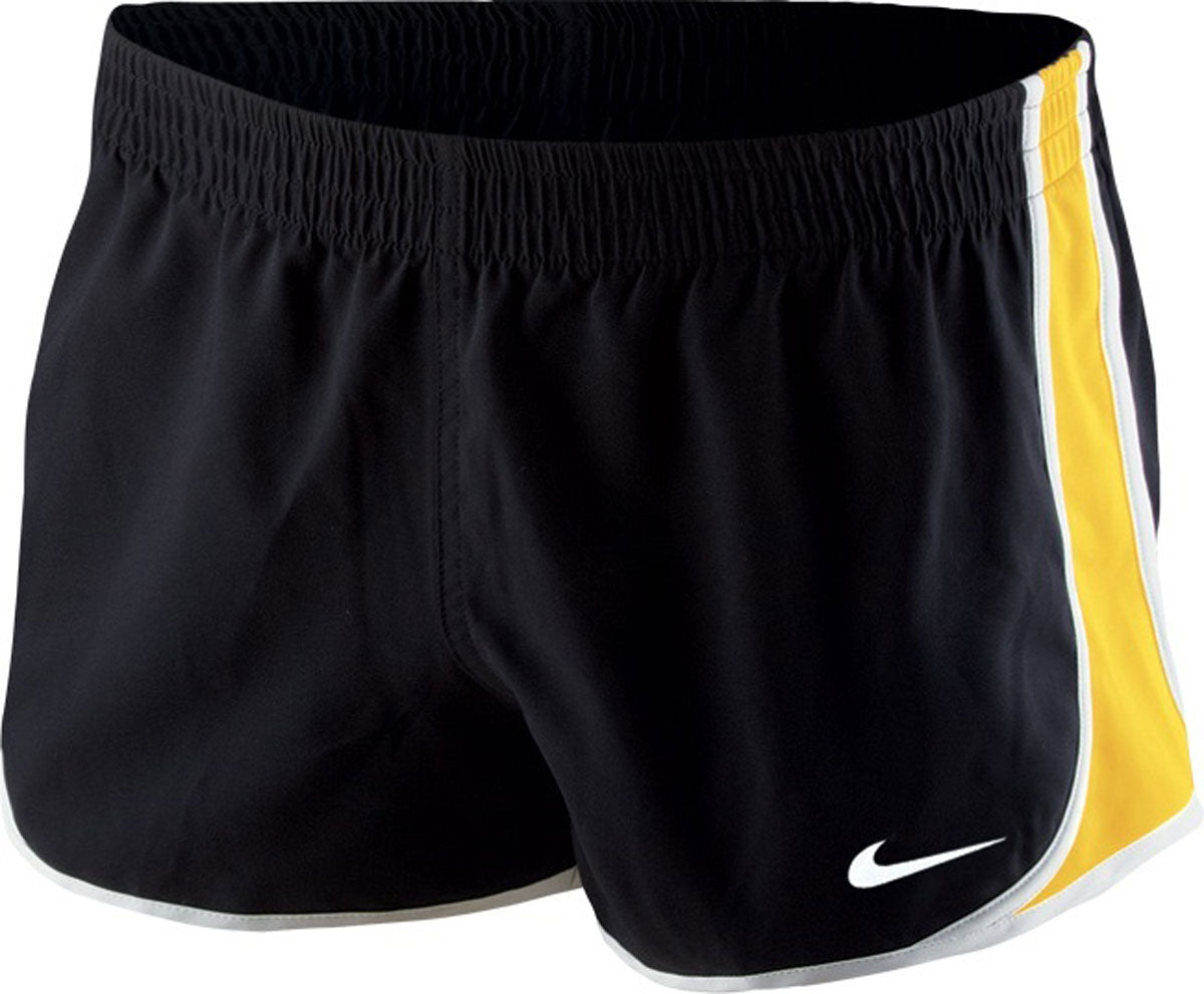 Nike Swim Ladies' Team Color Block Shorts - A pair of black swim shorts with a white and yellow stripe down the side.