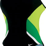 Nike Swim Ladies' Poly Team Splice Cut-Out Tank Swimsuit - A black swimsuit with a cut-out design on the side, featuring green and yellow stripes.