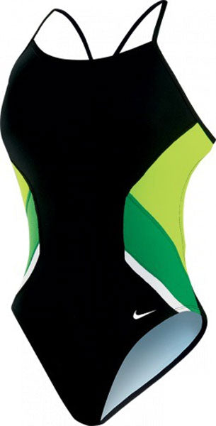 Nike Swim Ladies' Poly Team Splice Cut-Out Tank Swimsuit - A black swimsuit with a cut-out design on the side, featuring green and yellow stripes.