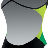 Nike Swim Ladies' Poly Team Splice Cut-Out Tank Swimsuit - A black swimsuit with a cut-out design on the side, featuring a green and grey color block pattern.