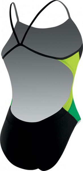 Nike Swim Ladies' Poly Team Splice Cut-Out Tank Swimsuit - A black swimsuit with a cut-out design on the side, featuring a green and grey color block pattern.