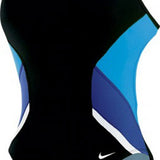 Nike Swim Ladies' Poly Team Splice Cut-Out Tank Swimsuit - A black swimsuit with a blue and white cut-out design on the sides, featuring thin straps.