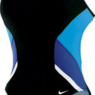Nike Swim Ladies' Poly Team Splice Cut-Out Tank Swimsuit - A black swimsuit with a blue and white cut-out design on the sides, featuring thin straps.