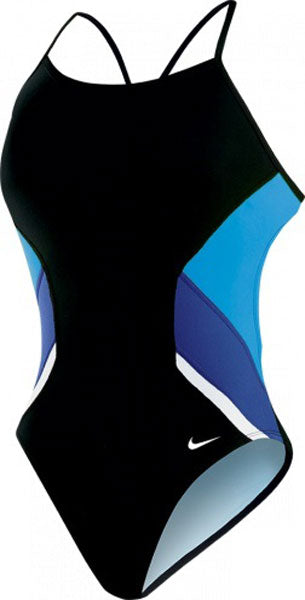 Nike Swim Ladies' Poly Team Splice Cut-Out Tank Swimsuit - A black swimsuit with a blue and white cut-out design on the sides, featuring thin straps.