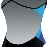 Nike Swim Ladies' Poly Team Splice Cut-Out Tank Swimsuit - A black swimsuit with a cut-out design on the side, featuring blue and grey accents.