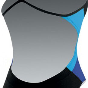 Nike Swim Ladies' Poly Team Splice Cut-Out Tank Swimsuit - A black swimsuit with a cut-out design on the side, featuring blue and grey accents.