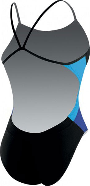 Nike Swim Ladies' Poly Team Splice Cut-Out Tank Swimsuit - A black swimsuit with a cut-out design on the side, featuring blue and grey accents.