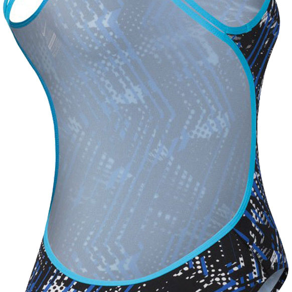 Nike Swim Women's Shark Spider Back Tank One-Piece Swimsuit - A black one-piece swimsuit with a blue and white shark spider pattern on the front, featuring thin straps in the same colors.