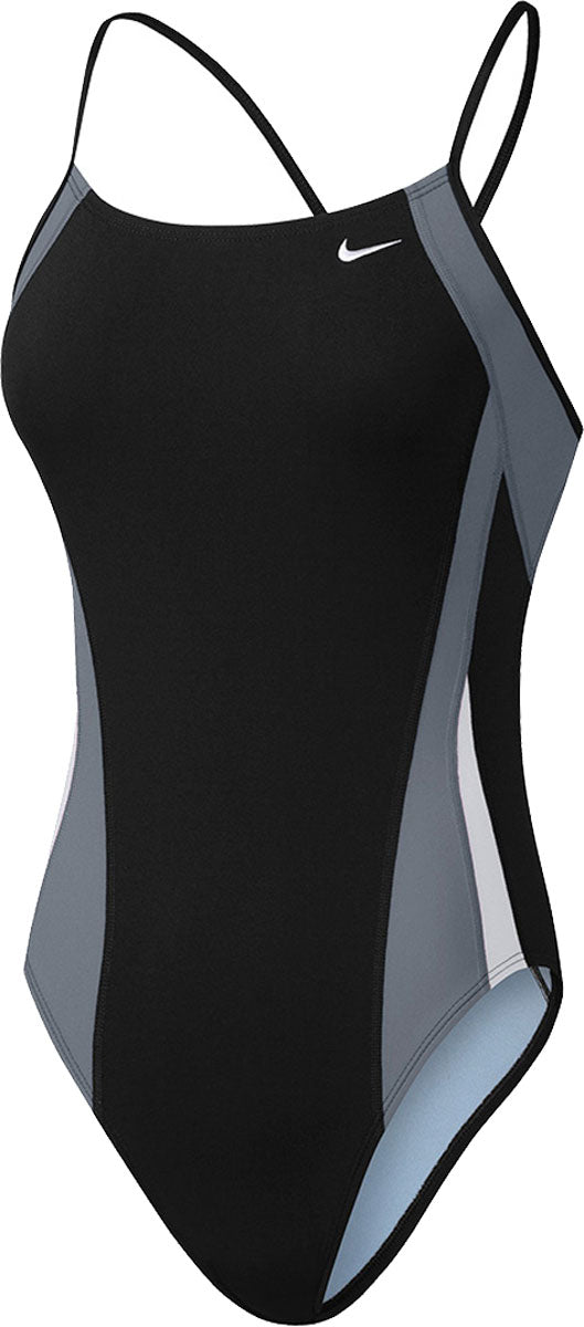 Nike Swim Ladies' Poly Color Surge Cut-Out Tank One-Piece Swimsuit - A black one-piece swimsuit with a cut-out design on the side and a white Nike logo on the upper left.