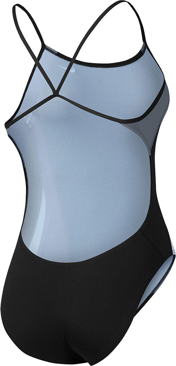 Nike Swim Ladies' Poly Color Surge Cut-Out Tank One-Piece Swimsuit - A black one-piece swimsuit with a cut-out design on the front and thin straps.