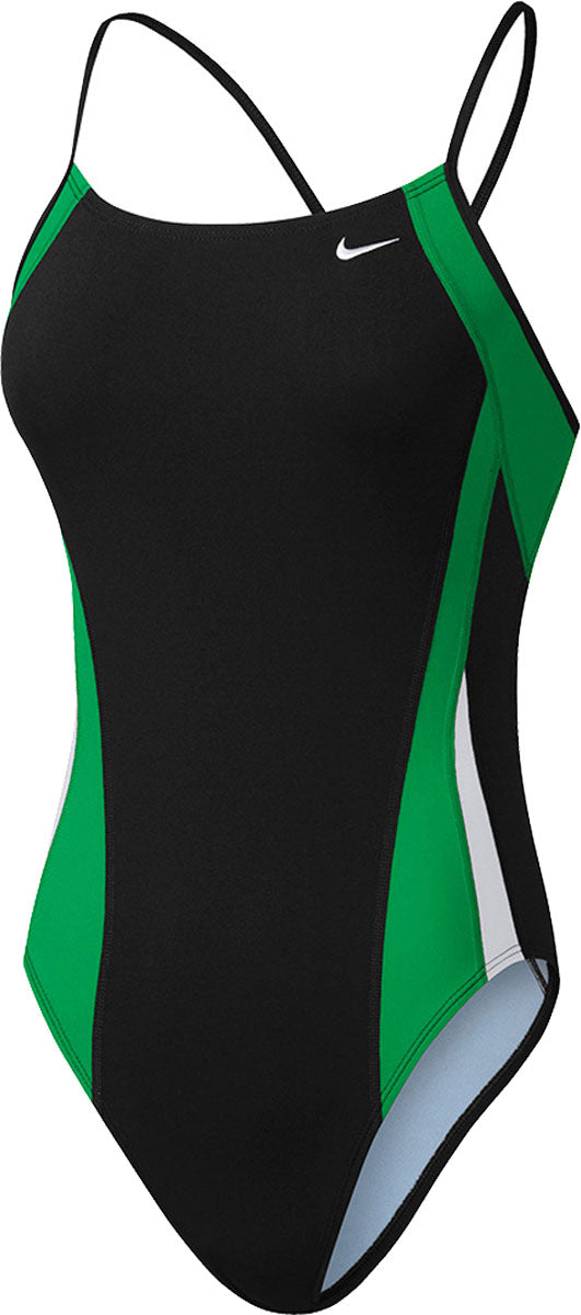 Nike Swim Ladies' Poly Color Surge Cut-Out Tank One-Piece Swimsuit - A black one-piece swimsuit with green and white cut-out details on the sides.