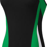 Nike Swim Ladies' Poly Color Surge Cut-Out Tank One-Piece Swimsuit - A black one-piece swimsuit with green and white cut-out details on the sides.