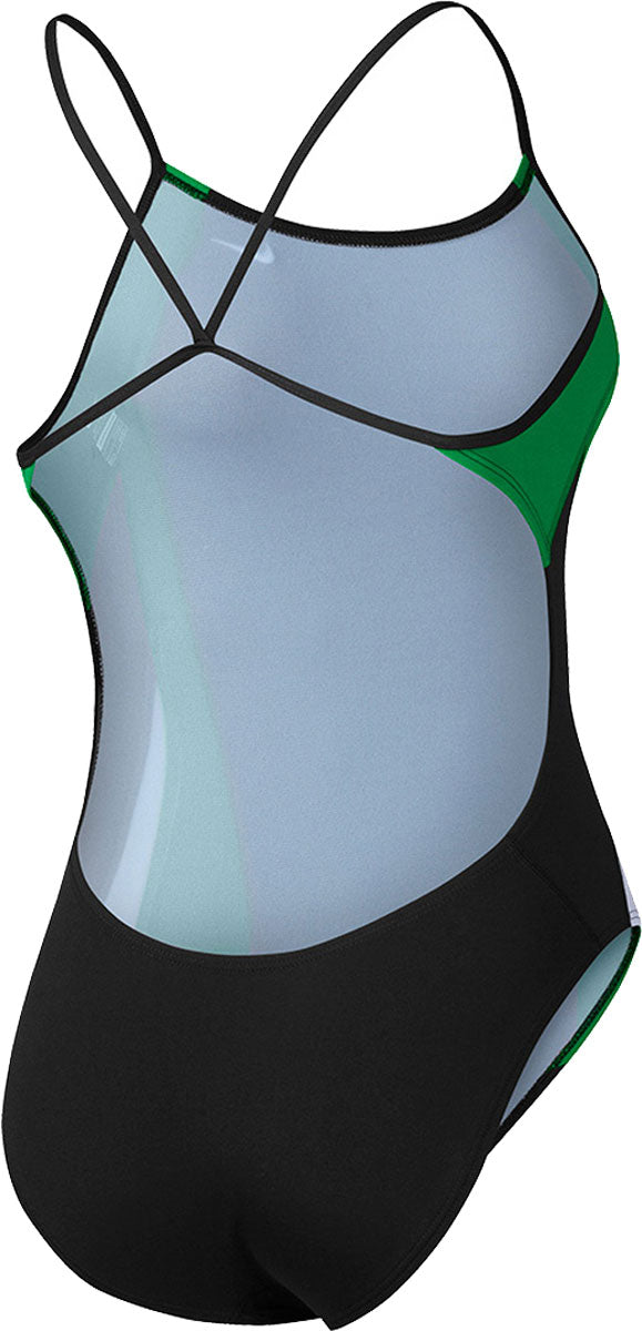 Nike Swim Ladies' Poly Color Surge Cut-Out Tank One-Piece Swimsuit - A black one-piece swimsuit with a cut-out design on the side and thin straps, featuring a green stripe along the edge.