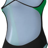 Nike Swim Ladies' Poly Color Surge Cut-Out Tank One-Piece Swimsuit - A black one-piece swimsuit with a cut-out design on the side and thin straps, featuring a green stripe along the edge.