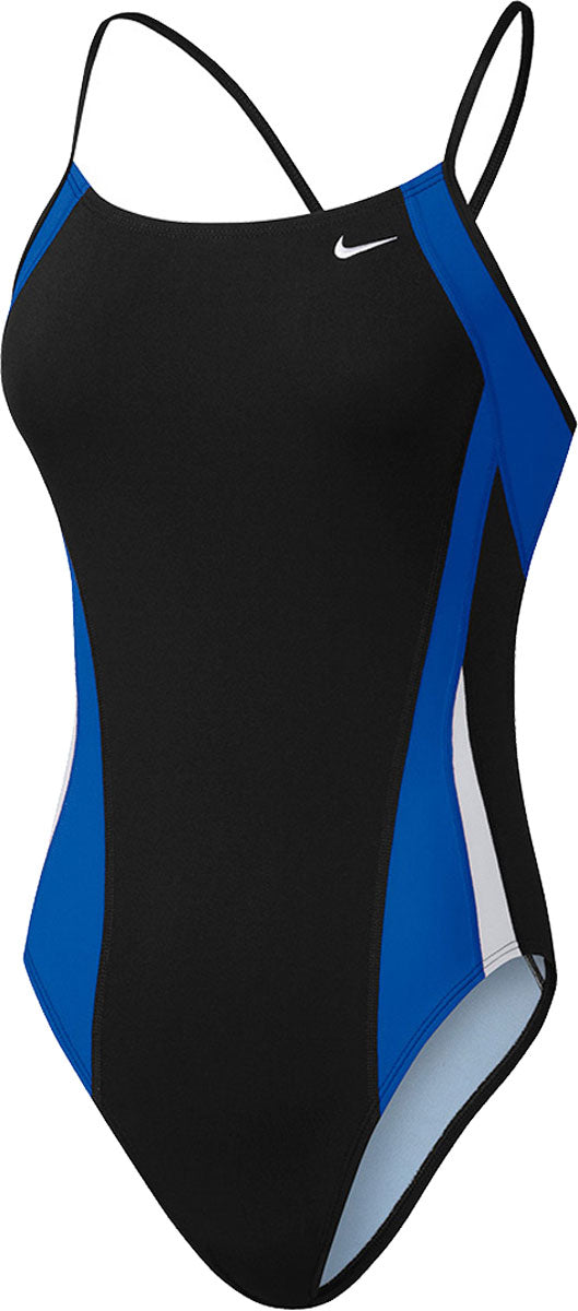 Nike Swim Ladies' Poly Color Surge Cut-Out Tank One-Piece Swimsuit - A black one-piece swimsuit with blue and white cut-out details on the sides.