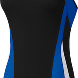 Nike Swim Ladies' Poly Color Surge Cut-Out Tank One-Piece Swimsuit - A black one-piece swimsuit with blue and white cut-out details on the sides.
