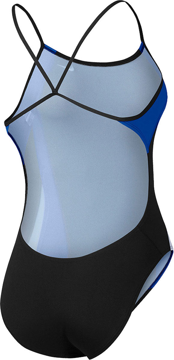 Nike Swim Ladies' Poly Color Surge Cut-Out Tank One-Piece Swimsuit - A black one-piece swimsuit with a cut-out design on the side, featuring blue and white accents.